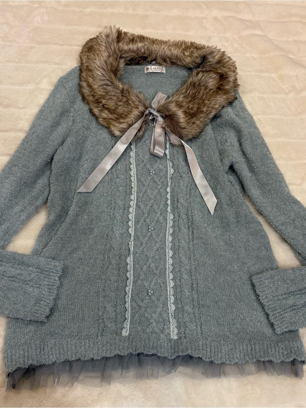 Axes Femme Cozy Faux Fur Collar Knit Sweater - Dusty Blue